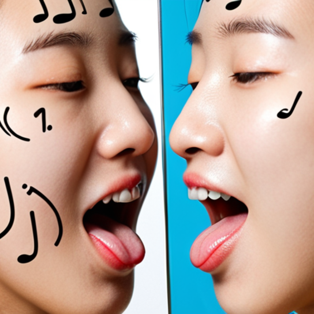 A split image: On one side, a person using a mirror to practice Korean pronunciation (mouth visible). On the other, musical notes flowing from a Korean word, visualizing intonation. Focus on bright colors and a friendly, approachable style, referencing popular Spanish-language learning resources.