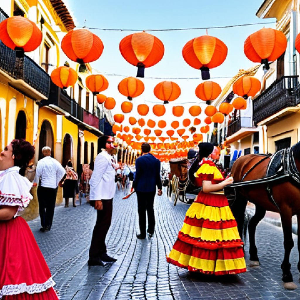 ** A vibrant street scene in Seville, Spain, during Feria de Abril. Women in traditional flamenco dresses (trajes de flamenca) with intricate floral patterns are laughing and talking. Men are smartly dressed in suits. Horse-drawn carriages decorated with flowers clip-clop along the cobblestones. Tapas bars overflow with people eating jamón ibérico and drinking sherry. Strings of colorful "farolillos" (paper lanterns) crisscross overhead. The atmosphere is festive and joyful.

**