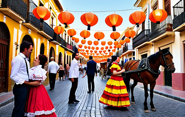 ** A vibrant street scene in Seville, Spain, during Feria de Abril. Women in traditional flamenco dresses (trajes de flamenca) with intricate floral patterns are laughing and talking. Men are smartly dressed in suits. Horse-drawn carriages decorated with flowers clip-clop along the cobblestones. Tapas bars overflow with people eating jamón ibérico and drinking sherry. Strings of colorful "farolillos" (paper lanterns) crisscross overhead. The atmosphere is festive and joyful.
**