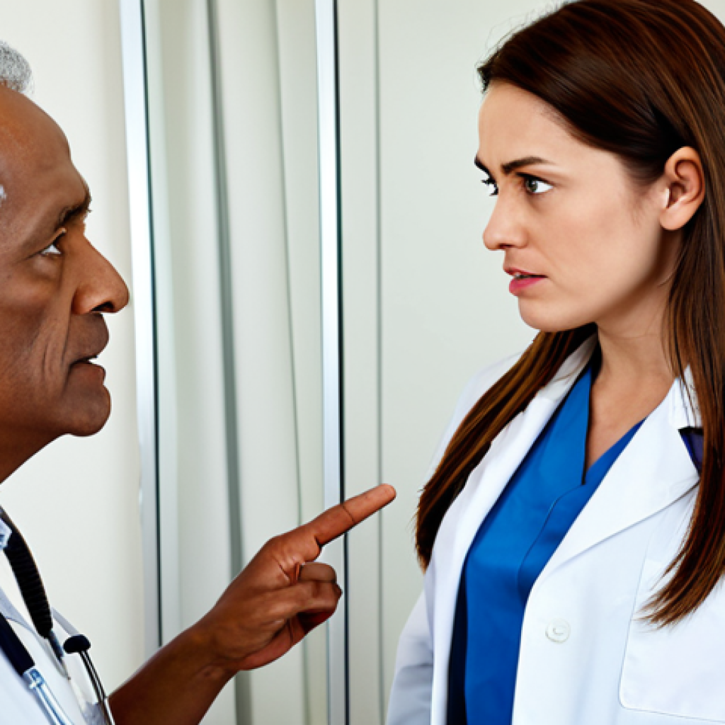 A professional female doctor, fully clothed in a modest medical uniform, attempts to communicate with an older male patient, fully clothed in appropriate, modest civilian attire. They are in a clean, brightly lit modern clinic examination room. Both the doctor and patient exhibit subtle expressions of confusion and mild frustration, indicating a language barrier impacting their interaction. The scene emphasizes the challenge of conveying complex medical information across linguistic divides. Perfect anatomy, correct proportions, natural pose, well-formed hands, proper finger count, natural body proportions. Safe for work, appropriate content, fully clothed, professional.