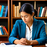 A professional female linguist in a modest business casual outfit, sitting thoughtfully at a clean, ergonomic desk. She is surrounded by a diverse array of open books and a digital tablet displaying text, symbolizing deep research and cultural understanding. The background features a subtle, abstract representation of interconnected global cultures, with warm, inviting lighting. fully clothed, appropriate attire, safe for work, perfect anatomy, correct proportions, natural pose, well-formed hands, proper finger count, natural body proportions, professional photography, high quality, family-friendly.