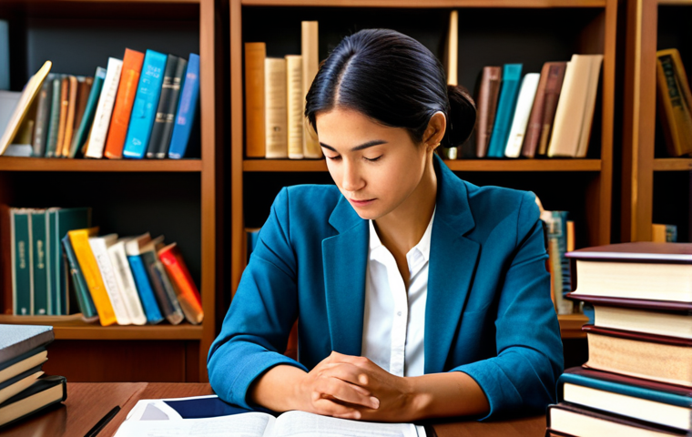 A professional female linguist in a modest business casual outfit, sitting thoughtfully at a clean, ergonomic desk. She is surrounded by a diverse array of open books and a digital tablet displaying text, symbolizing deep research and cultural understanding. The background features a subtle, abstract representation of interconnected global cultures, with warm, inviting lighting. fully clothed, appropriate attire, safe for work, perfect anatomy, correct proportions, natural pose, well-formed hands, proper finger count, natural body proportions, professional photography, high quality, family-friendly.