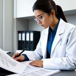 A professional female researcher in a modest, smart lab coat over professional business attire, meticulously reviewing scientific documents and digital data on a clean, modern desk in a well-lit, organized research office. She holds a pen, making careful annotations on a printed manuscript, with a laptop displaying complex graphs nearby. The scene conveys intense focus and precision. The overall image emphasizes clarity and attention to detail in scientific communication. Soft, natural lighting. Perfect anatomy, correct proportions, natural pose, well-formed hands, proper finger count, natural body proportions. Safe for work, appropriate content, fully clothed, professional.