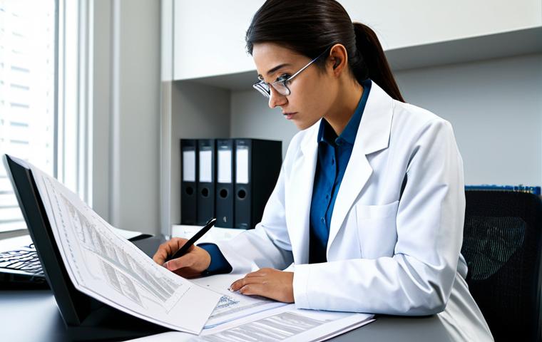 A professional female researcher in a modest, smart lab coat over professional business attire, meticulously reviewing scientific documents and digital data on a clean, modern desk in a well-lit, organized research office. She holds a pen, making careful annotations on a printed manuscript, with a laptop displaying complex graphs nearby. The scene conveys intense focus and precision. The overall image emphasizes clarity and attention to detail in scientific communication. Soft, natural lighting. Perfect anatomy, correct proportions, natural pose, well-formed hands, proper finger count, natural body proportions. Safe for work, appropriate content, fully clothed, professional.