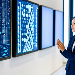 A confident, diverse professional woman in a modest, elegant business suit, fully clothed, appropriate attire. She is standing in a modern, brightly lit AI research lab, thoughtfully observing a large, interactive holographic display. The display projects intricate, glowing abstract representations of linguistic data, such as dynamic parse trees or semantic networks, illustrating complex language structures and the process of computational comprehension. The lab environment is clean, minimalist, and high-tech, with subtle blurred background elements. Soft, professional studio lighting illuminates the scene. Perfect anatomy, correct proportions, natural pose, well-formed hands, proper finger count, natural body proportions. High-resolution, sharp focus, vibrant colors, professional photography style. Safe for work, appropriate content, family-friendly.