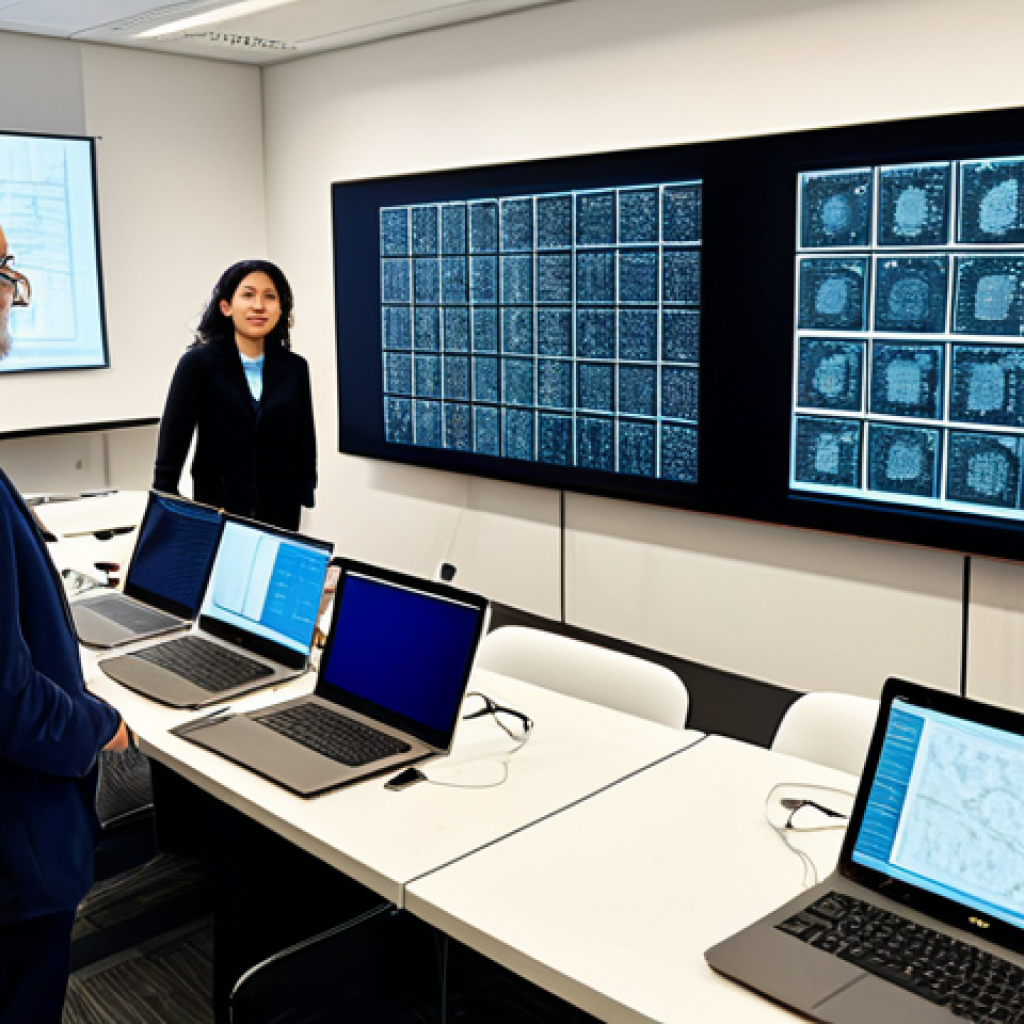 A diverse group of professional linguists and community leaders in a modest business attire, gathered around a large table in a modern, well-lit digital humanities lab. Computer screens display data visualizations of language networks, showing both large and smaller linguistic patterns. One person points at a screen, highlighting efforts to digitize a minority language's texts and audio. The setting blends technological elements with subtle cultural motifs, emphasizing preservation and collaboration. Fully clothed, appropriate attire, safe for work, perfect anatomy, natural proportions, well-formed hands, proper finger count, professional photography, high quality, family-friendly.
