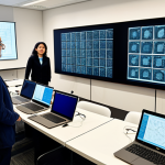 A diverse group of professional linguists and community leaders in a modest business attire, gathered around a large table in a modern, well-lit digital humanities lab. Computer screens display data visualizations of language networks, showing both large and smaller linguistic patterns. One person points at a screen, highlighting efforts to digitize a minority language's texts and audio. The setting blends technological elements with subtle cultural motifs, emphasizing preservation and collaboration. Fully clothed, appropriate attire, safe for work, perfect anatomy, natural proportions, well-formed hands, proper finger count, professional photography, high quality, family-friendly.