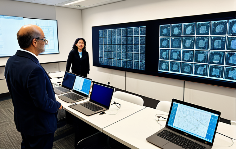 A diverse group of professional linguists and community leaders in a modest business attire, gathered around a large table in a modern, well-lit digital humanities lab. Computer screens display data visualizations of language networks, showing both large and smaller linguistic patterns. One person points at a screen, highlighting efforts to digitize a minority language's texts and audio. The setting blends technological elements with subtle cultural motifs, emphasizing preservation and collaboration. Fully clothed, appropriate attire, safe for work, perfect anatomy, natural proportions, well-formed hands, proper finger count, professional photography, high quality, family-friendly.