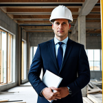 Professional Environment**

"Una arquitecta profesional en un traje de negocios moderno, de pie en una obra de construcción con un casco protector, totalmente vestida, atuendo apropiado, segura para el trabajo, anatomía perfecta, proporciones naturales, fotografía profesional, alta calidad, luz natural."

**