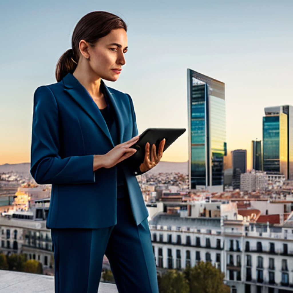 **
A confident businesswoman in a tailored, modest pantsuit stands in front of the Madrid skyline at sunset. She is holding a tablet displaying data visualizations. Fully clothed, appropriate attire. Professional photography, perfect anatomy, well-formed hands, proper finger count, natural body proportions, safe for work, appropriate content, professional.
**