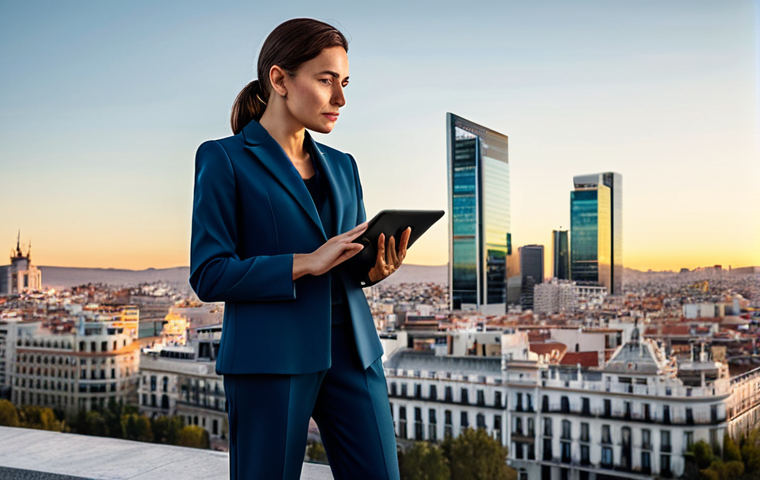 **
A confident businesswoman in a tailored, modest pantsuit stands in front of the Madrid skyline at sunset. She is holding a tablet displaying data visualizations. Fully clothed, appropriate attire. Professional photography, perfect anatomy, well-formed hands, proper finger count, natural body proportions, safe for work, appropriate content, professional.
**