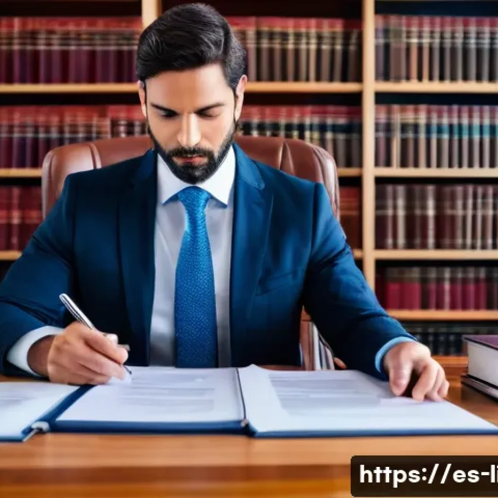 법률 문서 해석 - A professional Spanish lawyer sitting at a wooden desk in a bright, modern office, reviewing a detai...