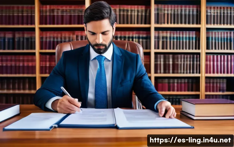 법률 문서 해석 - A professional Spanish lawyer sitting at a wooden desk in a bright, modern office, reviewing a detai...