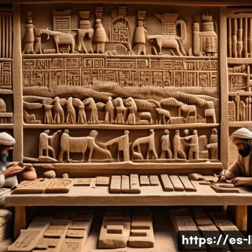 문자학 발전 - A detailed historical scene illustrating ancient Mesopotamian scribes engraving cuneiform symbols on...