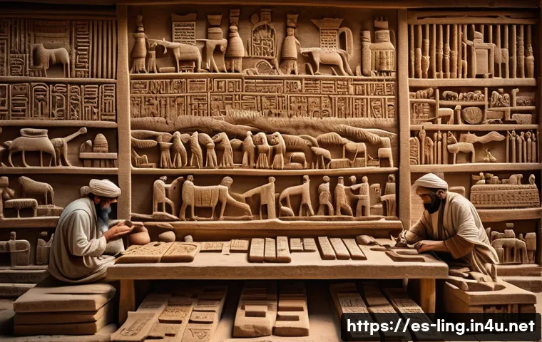 문자학 발전 - A detailed historical scene illustrating ancient Mesopotamian scribes engraving cuneiform symbols on...