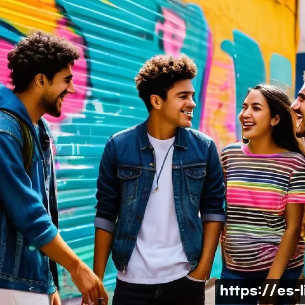 사회언어학 개념 - A vibrant urban street scene in a Latin American neighborhood showing a diverse group of young adult...