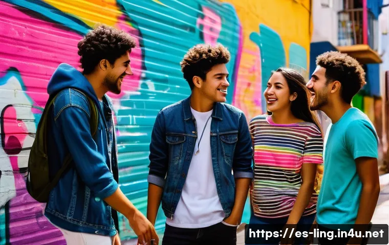 사회언어학 개념 - A vibrant urban street scene in a Latin American neighborhood showing a diverse group of young adult...