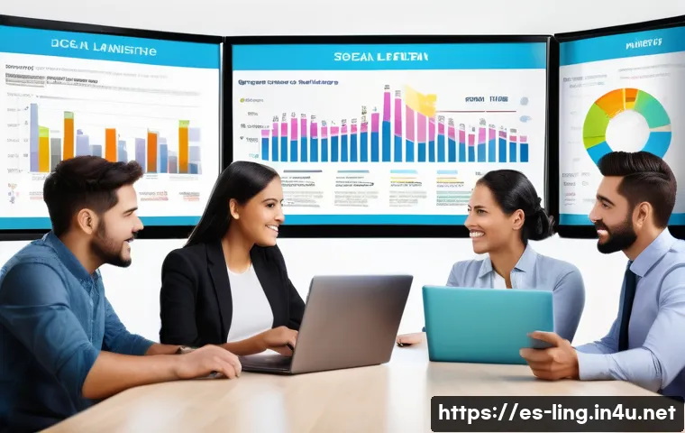 말뭉치 분석 - A modern digital marketing office scene focused on a diverse team of Hispanic professionals analyzin...
