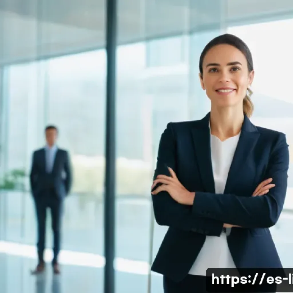 신체 언어 해석 - A professional office scene showing a confident businesswoman standing with an upright posture, shou...