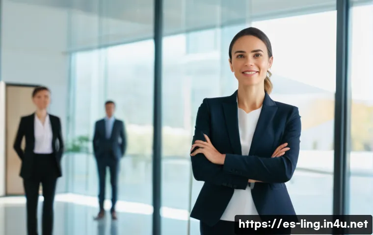 신체 언어 해석 - A professional office scene showing a confident businesswoman standing with an upright posture, shou...