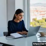문법 오류 탐지 AI - A modern home office scene featuring a young Spanish-speaking professional woman sitting at a sleek ...