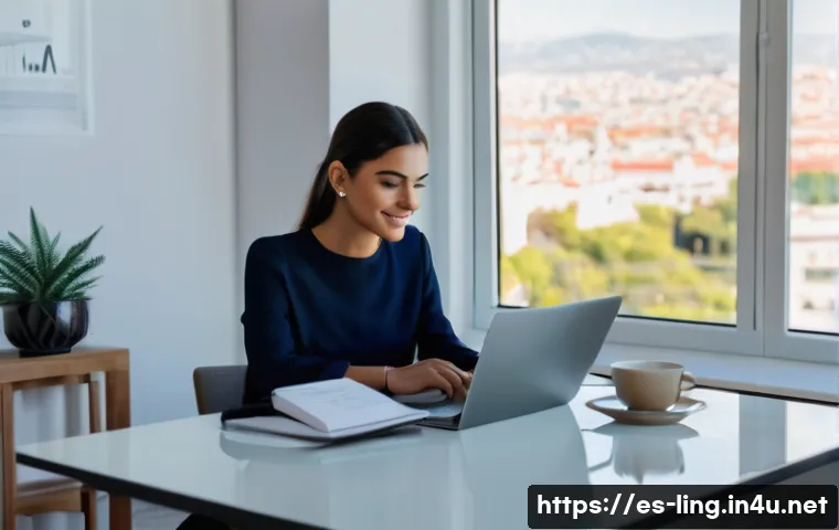 문법 오류 탐지 AI - A modern home office scene featuring a young Spanish-speaking professional woman sitting at a sleek ...