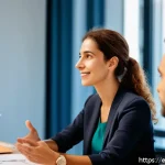 화용론 이론 - A professional office meeting scene in a modern Barcelona workspace, showing diverse Spanish colleag...