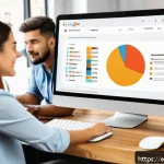 검색 엔진 최적화 SEO - A modern digital marketing office scene focused on SEO strategy for Spanish-speaking users, featurin...