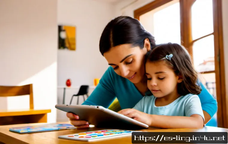 Home 30 이중언어 처리 - Photorealistic bright family learning scene in a sunlit apartment in Madrid, a Spanish-speaking moth...